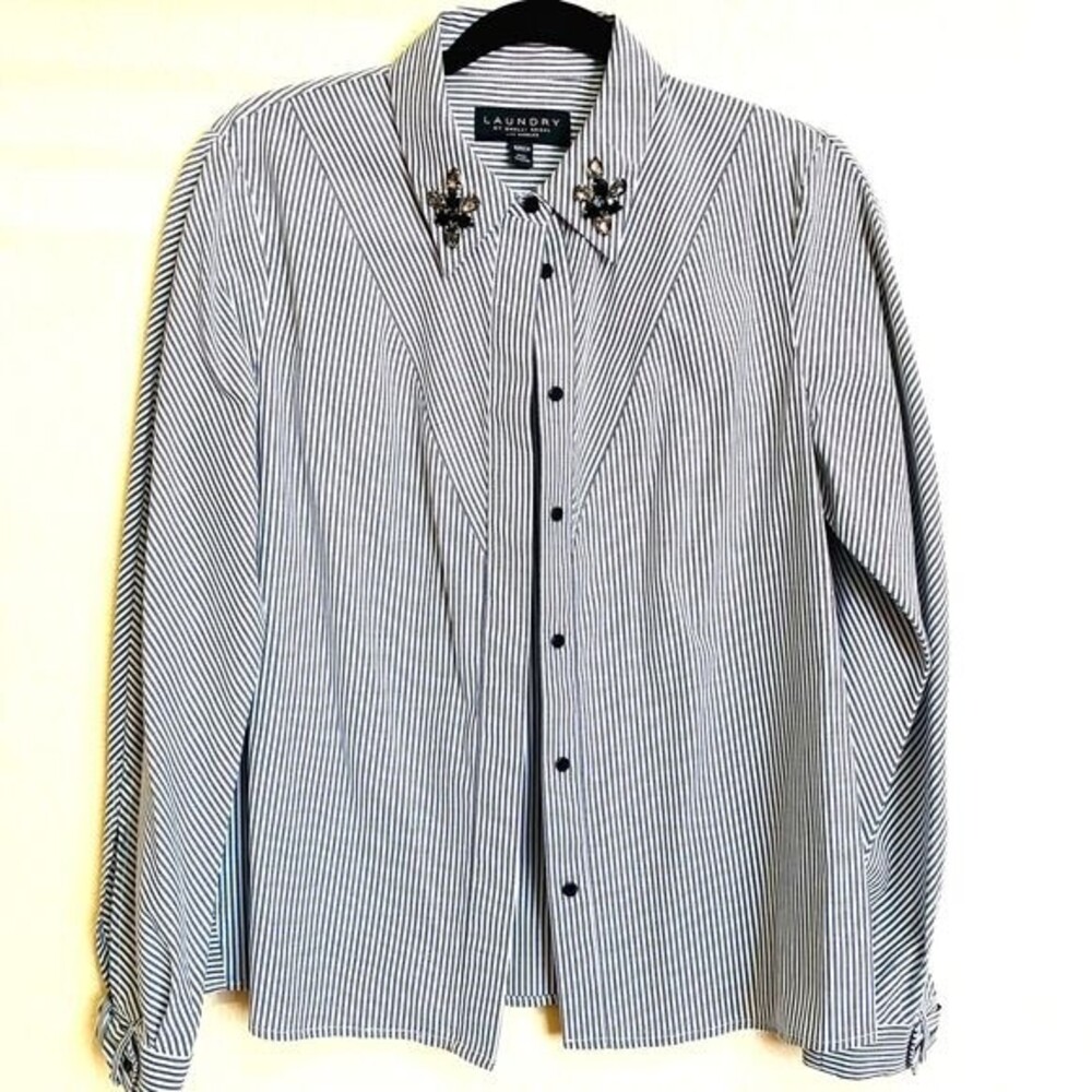 Laundry by Shelli Segal women top gray stripe long sleeve collar shirt size S